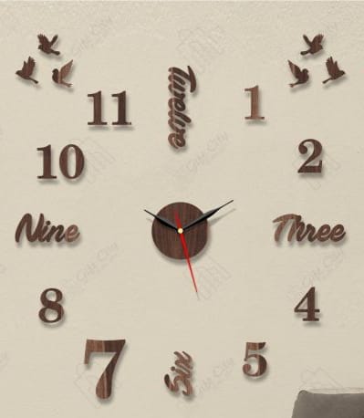 Premium Wooden Finish DIY Wall Clock – 3D Birds & Typography Design – Large Frameless Decorative Clock for Nature-Inspired Home Decor